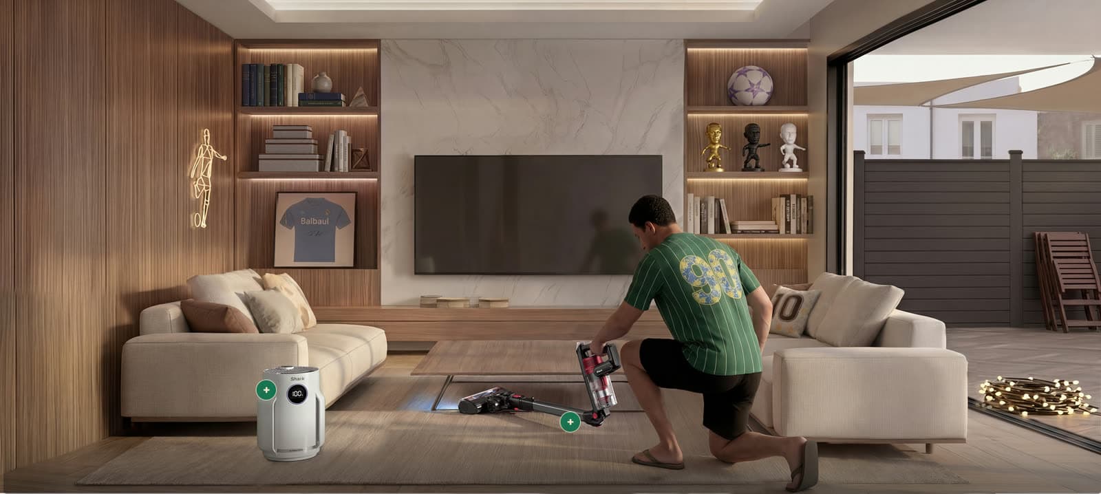The Fan House living room, set for watching a match.